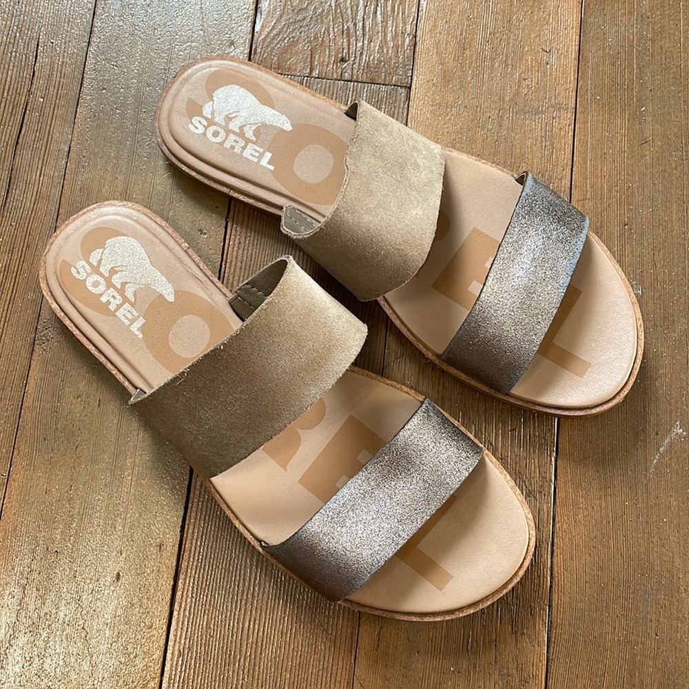 Sorel Ella II Slide Sandals Tan Silver 8